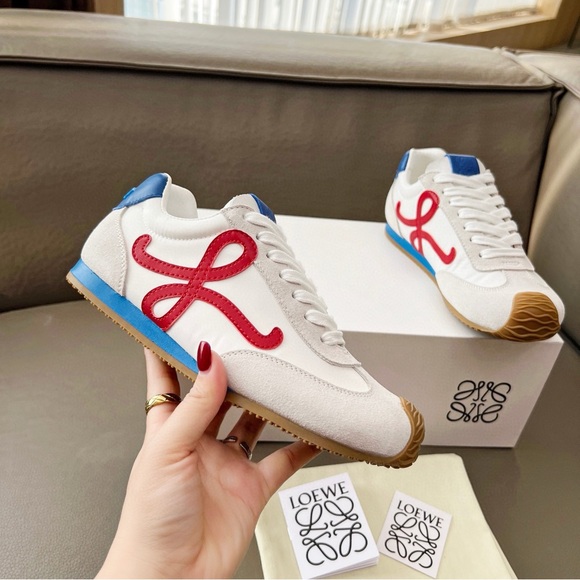 Loewe white suede and red logo sneakers